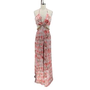 Miss Avenue Printed Chain Waist Wide Leg Jumpsuit Pink White M resortwear retro